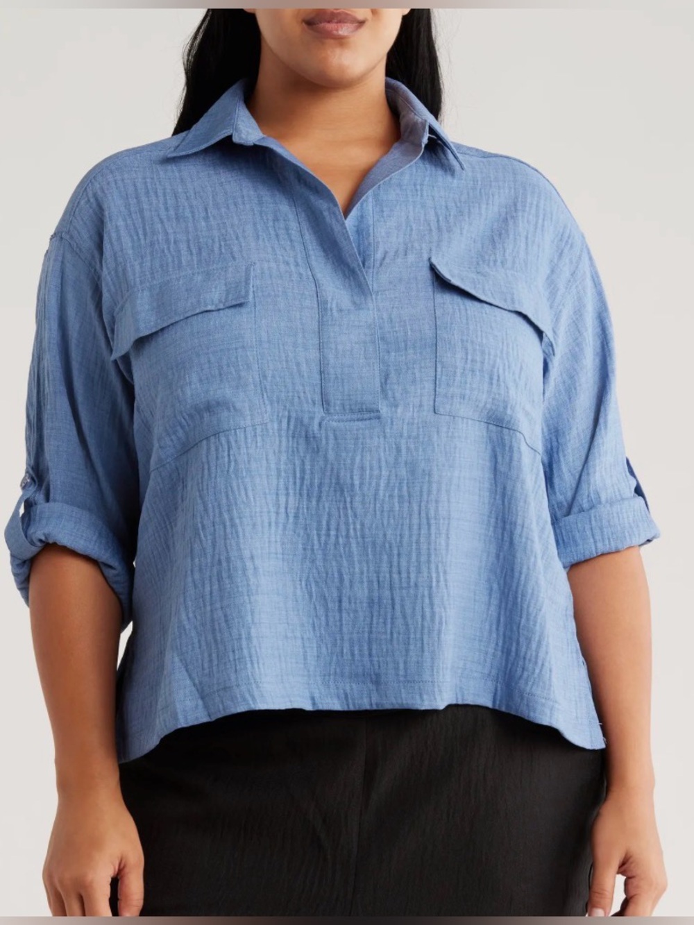 Max Studio blue chambray two pocket boxy collared blouse w/ roll-up sleeves -XL